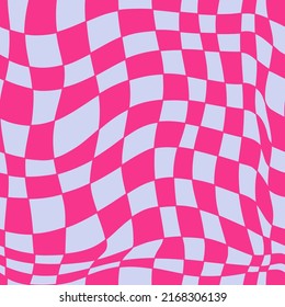 Seamless pattern with cyber distorted shape, checkered pattern. Wave geometry shape in retro trippy 60s, 70s style. Vector illustration background. 