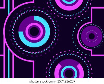 Seamless pattern in cyberpunk style, 80s retro futurism. Linear art and circles, dotted. Vector illustration