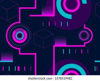 Seamless pattern in cyberpunk style, 80s retro futurism. Linear art and circles, dotted. Vector illustration