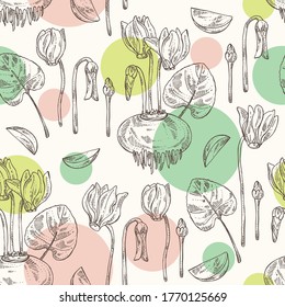 Seamless pattern with cyclamen: cyclamen flowers, bud, root and leaves. Alpine violet. Cosmetic, perfumery and medical plant. Vector hand drawn illustration
