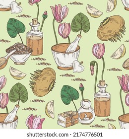 Seamless pattern with cyclamen: cyclamen flowers, bud, root, leaves, bath salt, soap and beauty products. Alpine violet. Cosmetic, perfumery and medical plant. Vector hand drawn illust