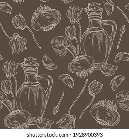 Seamless pattern with cyclamen: cyclamen flowers with buds and leaves, root and bottle of cyclamen oil. Alpine violet. Vector hand drawn illustration