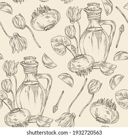 Seamless pattern with cyclamen: cyclamen flowers with buds and leaves, root and bottle of cyclamen oil. Alpine violet. Vector hand drawn illustration