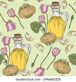 Patrón sin brillo con ciclamen: flores de ciclamen con brotes y hojas, raíz y botella de aceite de ciclamen. Violeta alpina. Ilustración dibujada a mano por el vector