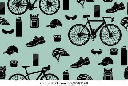 Seamless pattern Cycling Accessories repeatable vector pattern travel trip cycling boys things tours for background wallpaper, fabric, textile, travel items