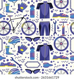 Seamless pattern cycling gear and accessories road bike, helmet, gloves, sunglasses, bottle, jersey, shorts, shoes, chain, saddle. Flat vector illustration Cycling sport outdoor activity concept