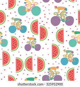 Seamless pattern of cyclists and watermelons.