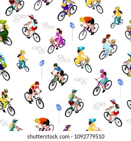 Seamless pattern of cyclists. A woman on a bicycle, a man on a bicycle, a child on a bicycle. Isometric 3d