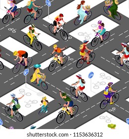 Seamless pattern of cyclists. A woman on a bicycle, a man on a bicycle, a child on a bicycle. Isometric 3d