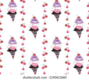 seamless pattern of cyclops vampire icecream cones with cherry on top 