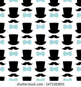 Seamless Pattern Cylinder Mustache And Bow Tie Black And Blue