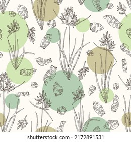 Seamless pattern with cyperus rotundus: cyperus rotundus plant, nagarmotha leaves and cyperus rotundus roots. Nagarmotha. Cosmetic, perfumery and medical plant. Vector hand drawn
