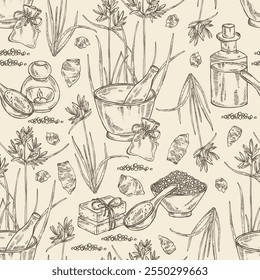 Motif harmonieux de cyperus rotundus: cyperus rotundus, feuilles de nagarmotha et racines de cyperus rotundus. Nagarmotha. Huile, savon et sel de bain. Cosmétiques et plantes médicales. Image vectorielle dessinée à la main