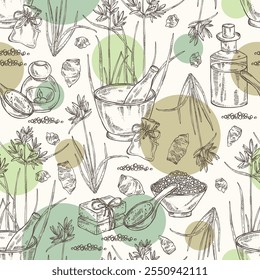 Seamless pattern with cyperus rotundus: cyperus rotundus plant, nagarmotha leaves and cyperus rotundus roots. Nagarmotha. Oil, soap and bath salt . Cosmetics and medical plant. Vector hand drawn