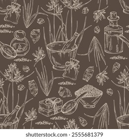 Seamless pattern with cyperus rotundus: cyperus rotundus plant, nagarmotha leaves and cyperus rotundus roots. Nagarmotha. Oil, soap and bath salt . Cosmetics and medical plant. Vector hand drawn