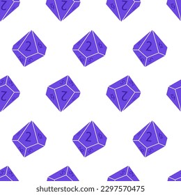 Seamless pattern with D10 dices. Polyhedral dices for rpg tabletop games. Purple objects isolated on white background. Vector illustration for print, tee, packaging