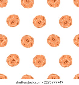 Seamless pattern with D12 dices. Polyhedral dices for rpg tabletop games. Orange objects isolated on white background. Vector illustration for print, tee, packaging