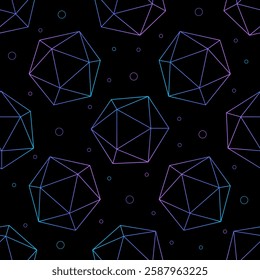 Seamless pattern with  D20 Dice for Board games. RPG dice for table game. Black background. Vector illustration.