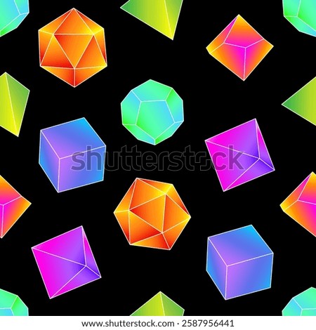 Seamless Pattern of D4, D6, D8, D10, D12, and D20 Dice for Board Games. DnD Dices. Black background. Vector illustration.