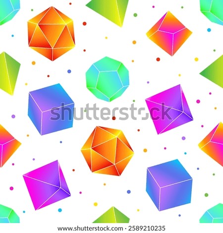 Seamless Pattern of D4, D6, D8, D10, D12, and D20 Dice for Board Games. DnD Dices. White background. Vector illustration.