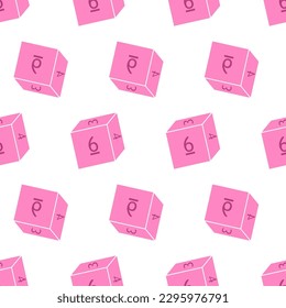 Seamless pattern with D6 dices. Polyhedral dices for rpg tabletop games. Pink objects isolated on white background. Vector illustration for print, tee, packaging