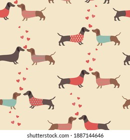 Seamless pattern of dachshuds and heards. Love. Vector illustration. 