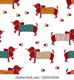 Seamless pattern with dachshund characters wearing knit sweater of various patterns. Vector illustration flat design.