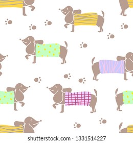 Seamless pattern with dachshund characters wearing knit sweater of various patterns. Vector illustration flat design.