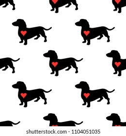 Seamless pattern with dachshund dog in eps 10. White background and dogs with red heart. Cute sausage dog