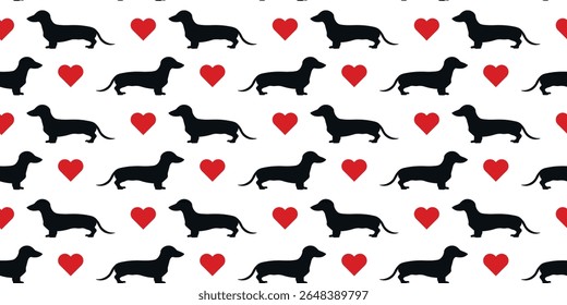Seamless pattern Dachshund Dog heart silhouette. 