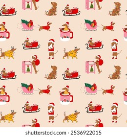 Seamless pattern with dachshund dogs with christmas decorations. Happy holiday