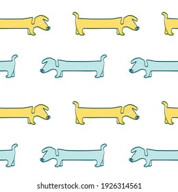 Seamless pattern with Dachshund Dogs. Line art vector illustration in blue and yellow colors