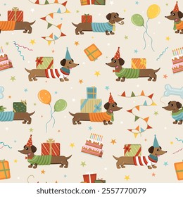 Seamless pattern with Dachshund dogs on birthday party in birthday caps with wrapped presents. Vector illustration