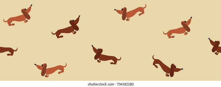 Seamless pattern with dachshund dogs on a beige background. Border. Seamless sample. It can be used as a background. Vector illustration.