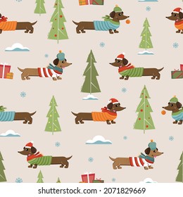 Seamless pattern with Dachshund dogs in winter down jackets, scarves, and hats among green spruce trees, decorating some of them for winter holidays