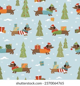 Seamless pattern with Dachshund dogs in winter down jackets, scarves, and hats among green spruce tree with holiday gifts
