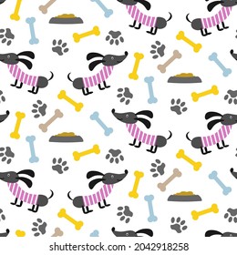 Seamless pattern with dachshund, food and bones. Vector illustration isolated on white background. For packaging, illustrations, covers, fabrics and prints, children clothing, shops. 