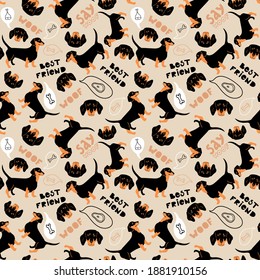 Seamless pattern with dachshund. Vector cute dog dreams of a bone. Hand drawn lettering, text  "woof". Flat cartoon character design