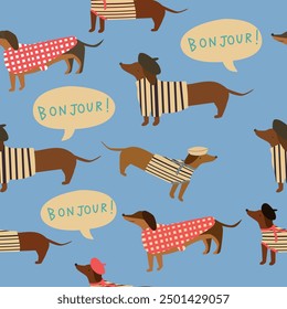 Seamless pattern with dachshunds in beret on blue background. 