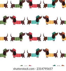 Seamless pattern with dachshunds with berets on white background. Vector illustration.  