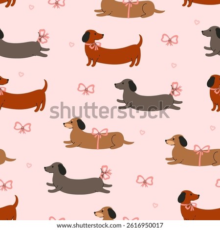 Seamless pattern with dachshunds, bows and hearts. Vector graphics