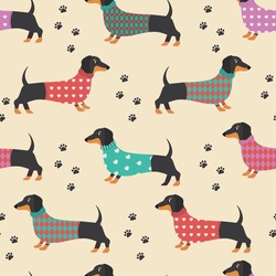 Seamless Pattern With Dachshunds In Clothes And Dog Prints. Vector Illustration. 