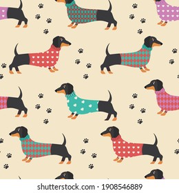Seamless pattern with dachshunds in clothes and dog prints. Vector illustration.  svg