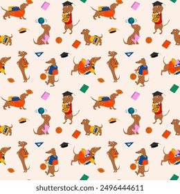 Seamless pattern with  Dachshunds dog ready for school with school stationery. Funny cartoon character. Back to school.