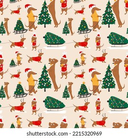 seamless pattern with Dachshunds dogs and Christmas trees vector illustration