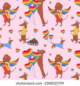 Seamless pattern with Dachshunds dogs pulls a rainbow hearts, valentines on a sleigh and decorate rainbow balloons in the shape of a heart