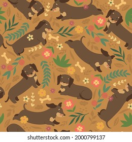 Seamless pattern with dachshunds dogs. Vector graphics.