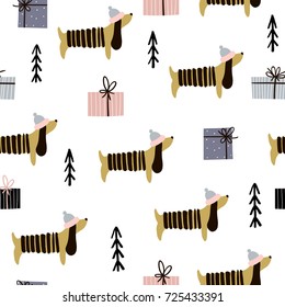 Seamless pattern with dachshunds and gift boxes. Creative christmas background. Vector Illustration