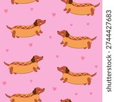 Seamless pattern with dachshunds hot dogs. Vector graphics.