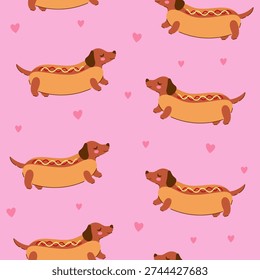 Seamless pattern with dachshunds hot dogs. Vector graphics.